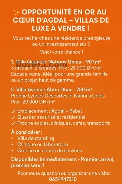 Villa à vendre Quartier Nations Unies