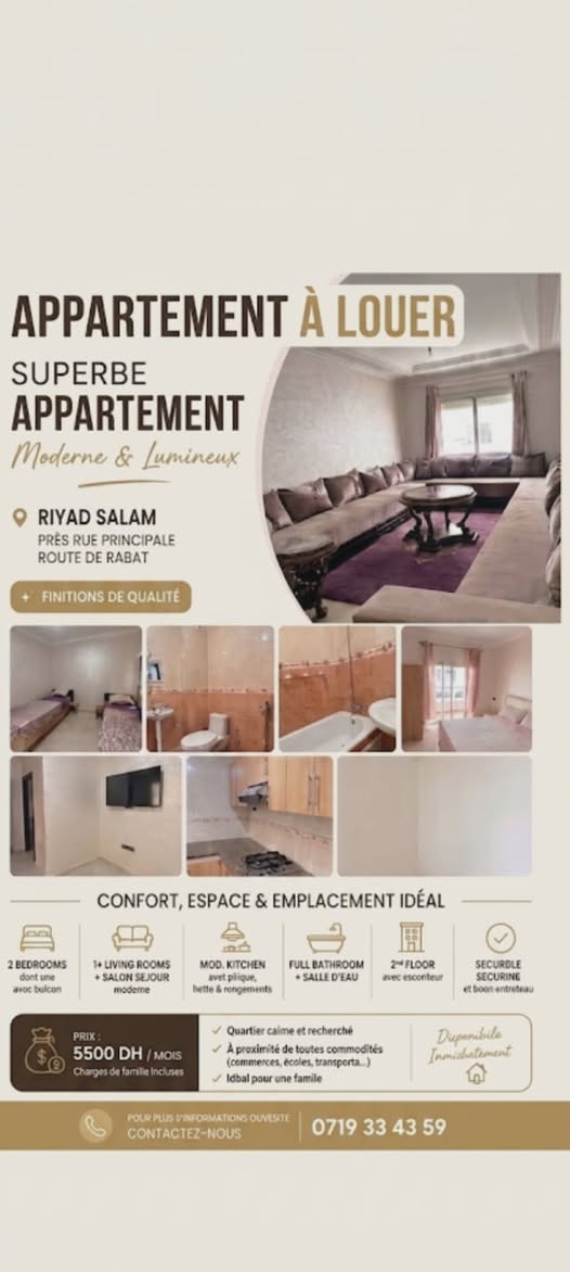 Appartement meublé à louer Riad salam